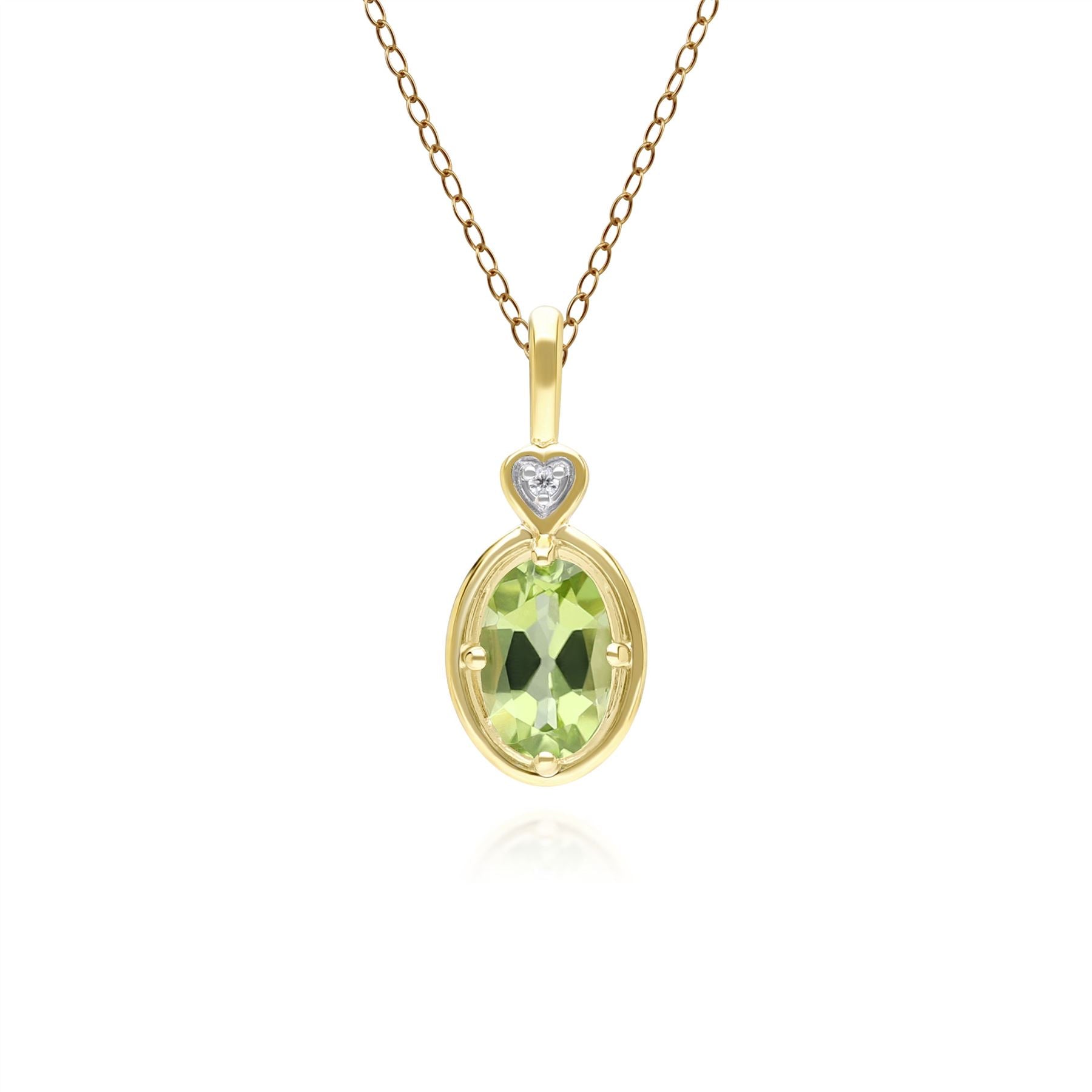 Klassische Halskette mit ovalem Peridot- und Diamant-Herzanhänger aus 9 Karat Gelbgold