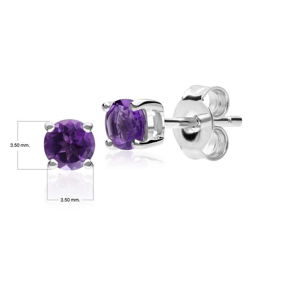 Klassische runde Amethyst-Ohrstecker aus 9 Karat Weißgold, 3,5 mm