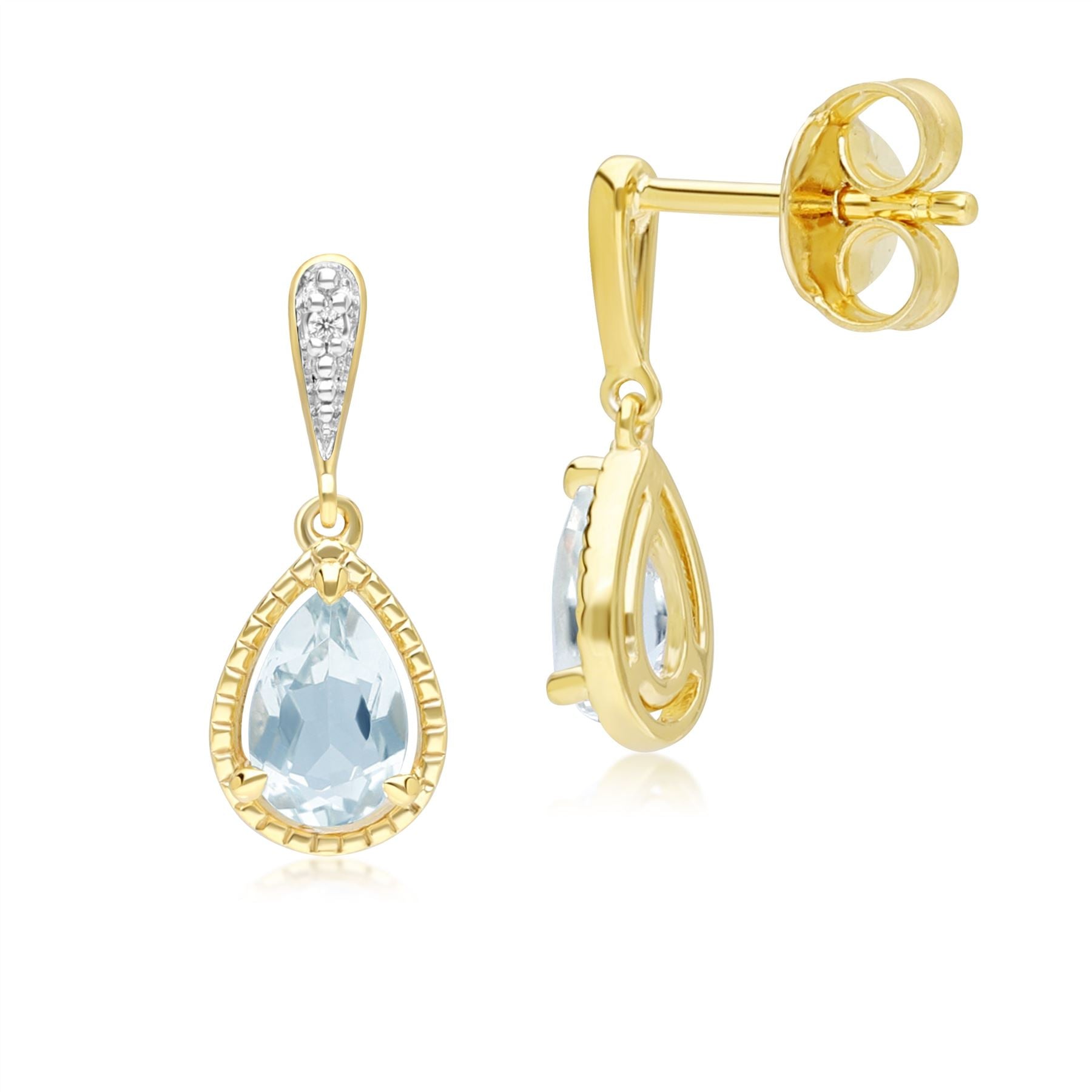 Classic Pear Aquamarine & Diamond Drop Earrings In 9ct Yellow Gold