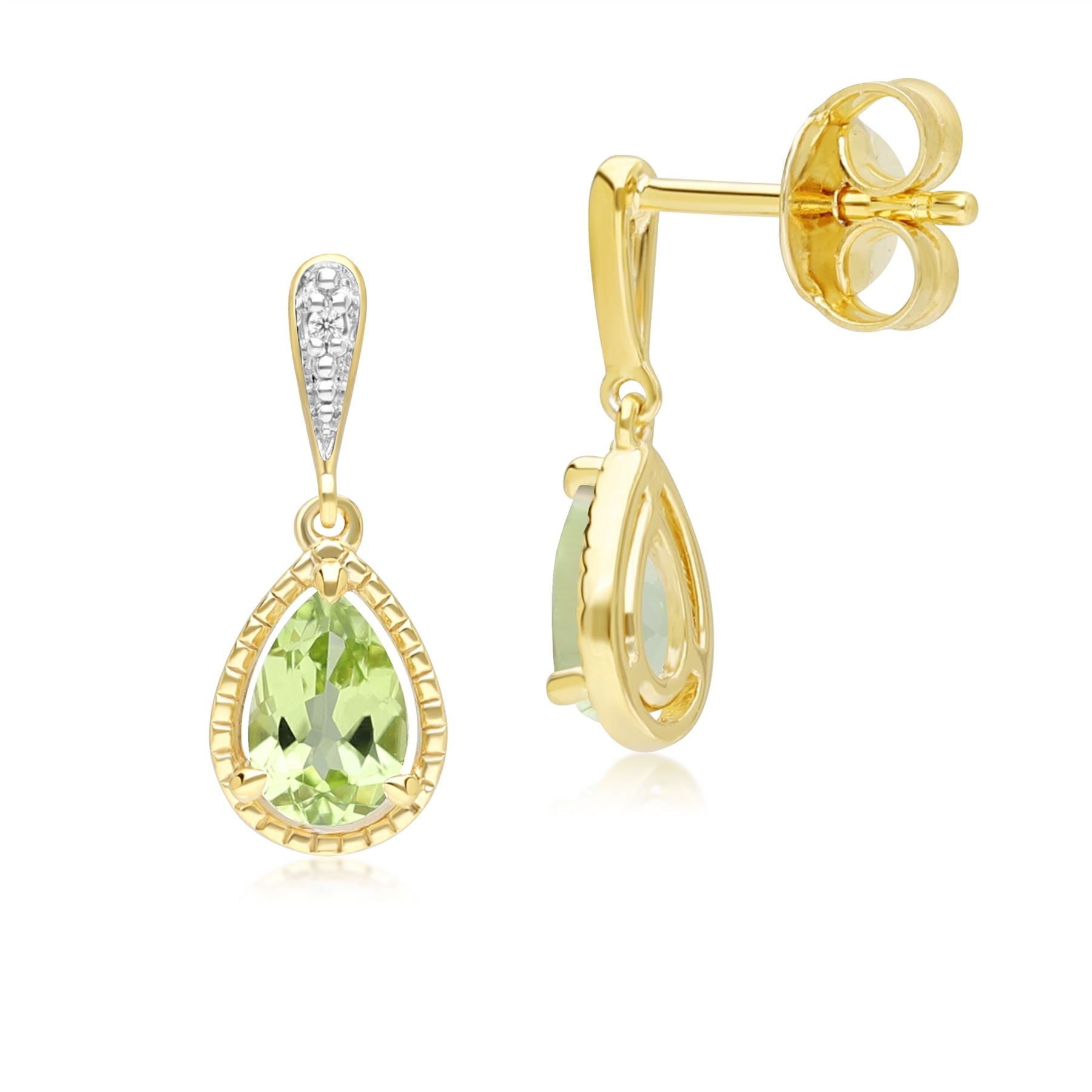 Classic Pear Peridot & Diamond Drop Earrings In 9ct Yellow Gold