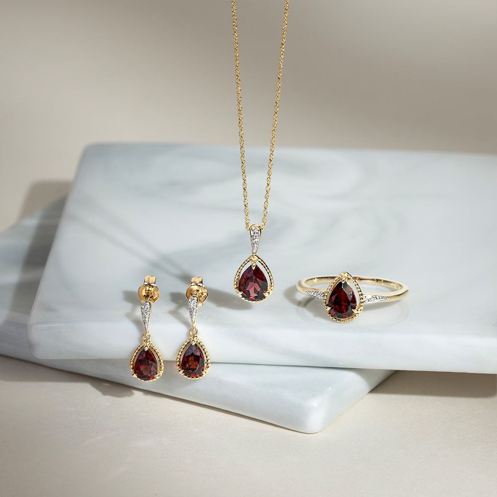 Classic Pear Garnet & Diamond Pendant Necklace In 9ct Yellow Gold