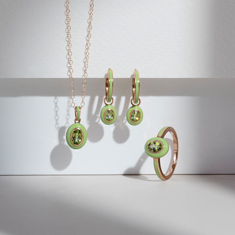 Siberian Waltz Green Enamel & Oval Peridot Hoop Earrings in Rose Gold Plated Sterling Silver