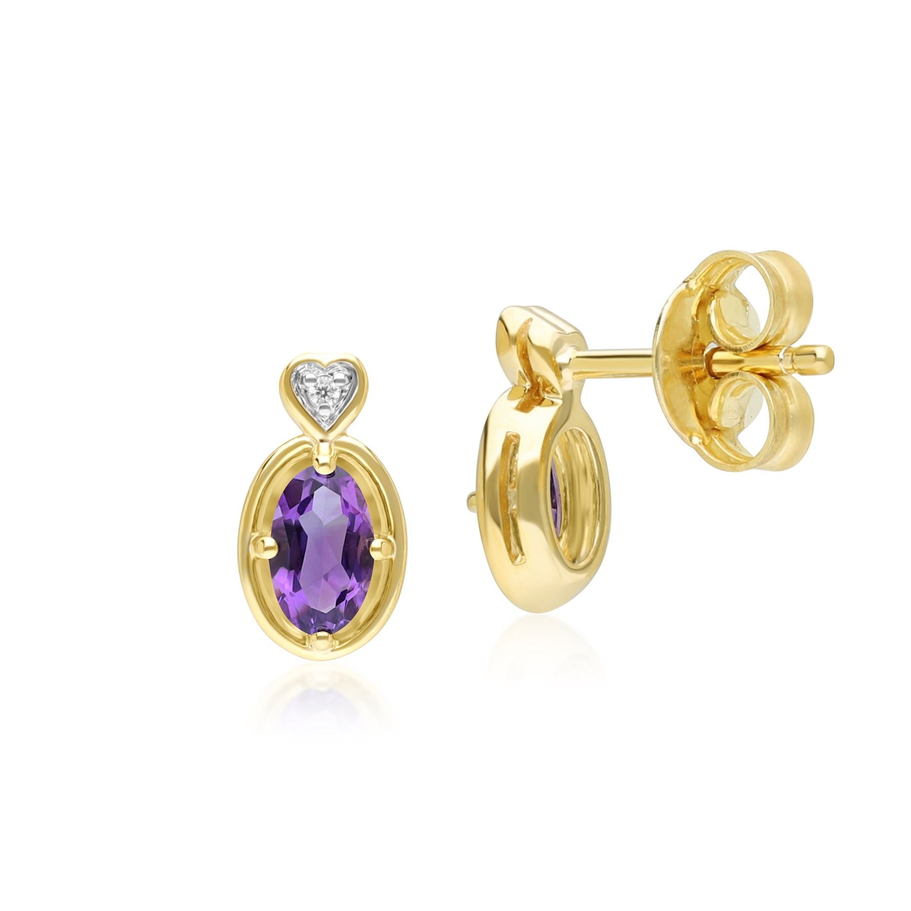 Klassische ovale Ohrstecker mit Amethyst und Diamanten im Herz-Design, Gelbgold 9 Karat