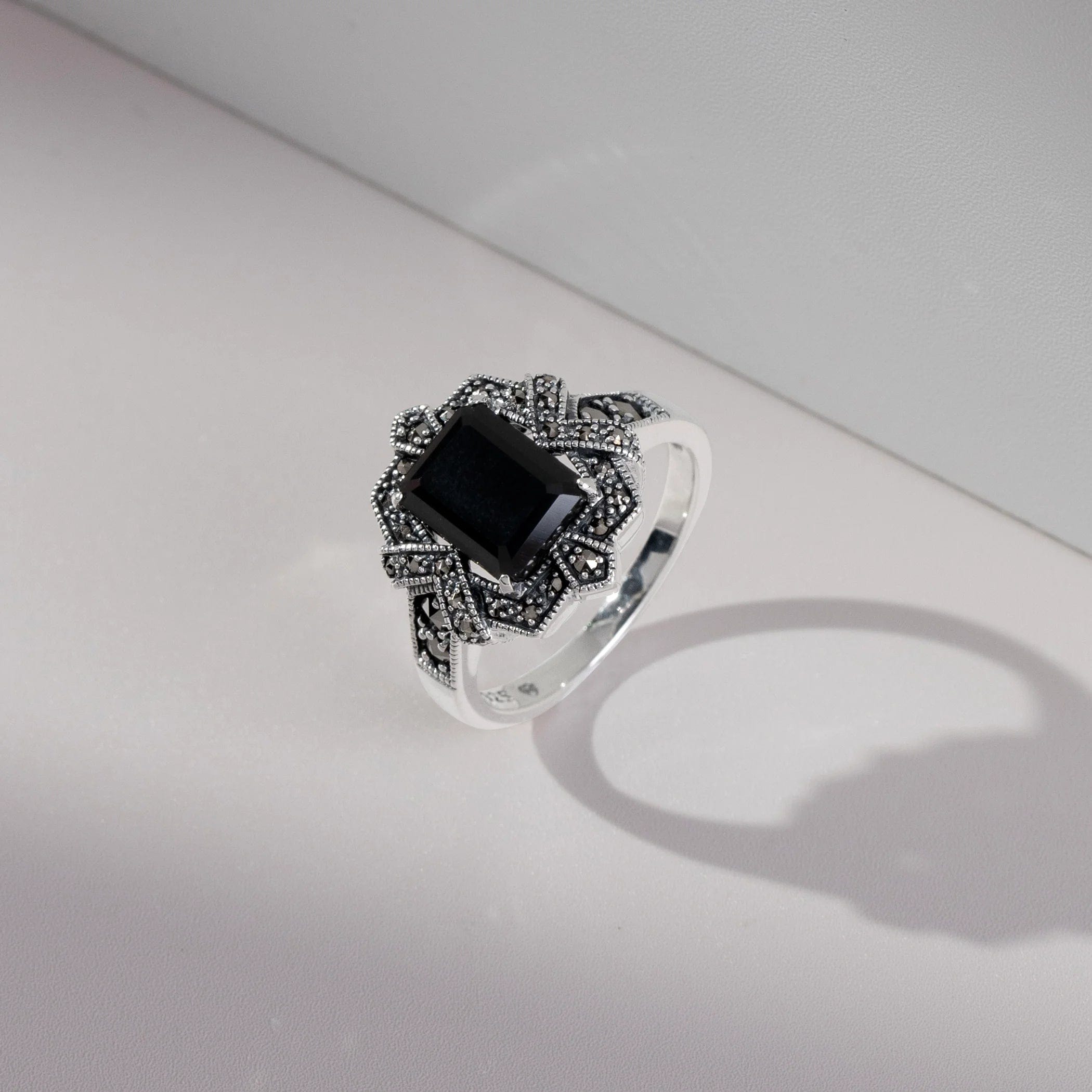 Baguette-Ring im Art-Deco-Stil mit schwarzem Onyx und Markasit aus 925er Sterlingsilber