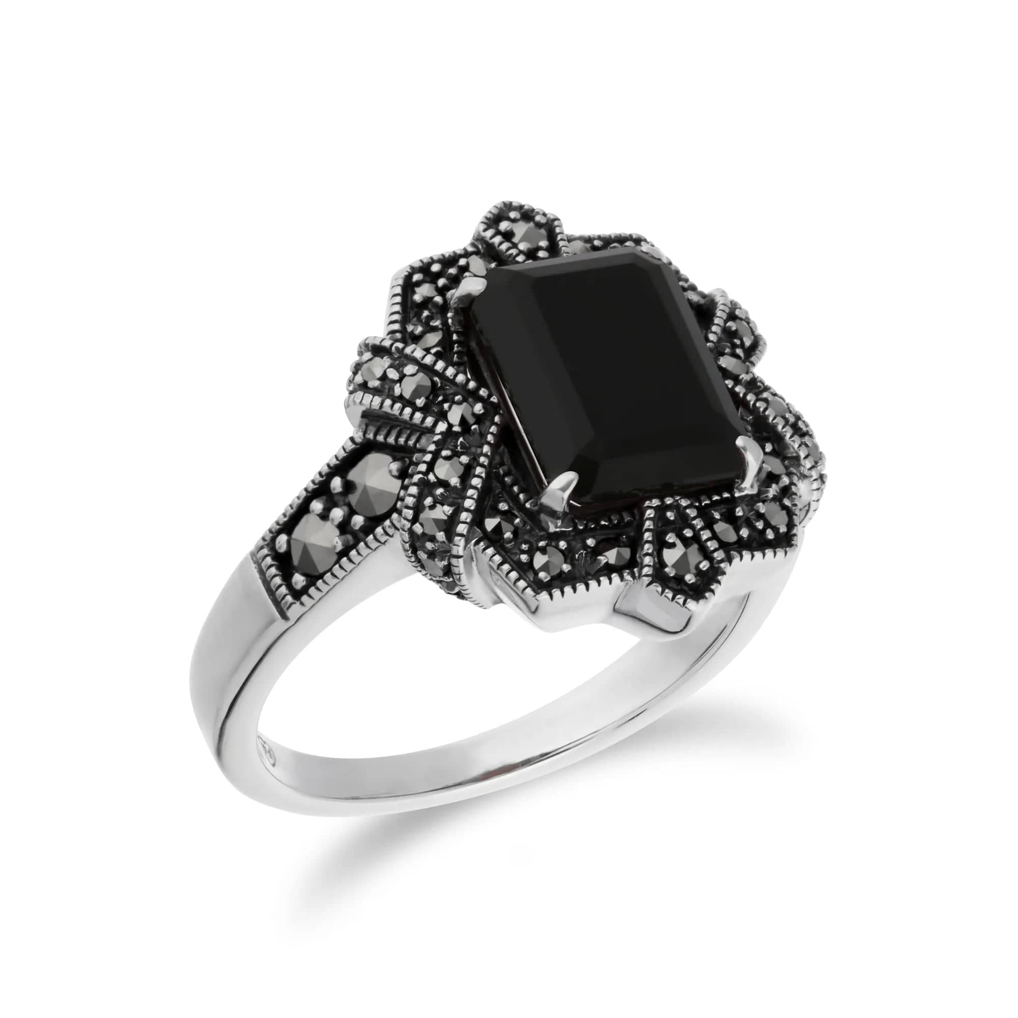 Baguette-Ring im Art-Deco-Stil mit schwarzem Onyx und Markasit aus 925er Sterlingsilber