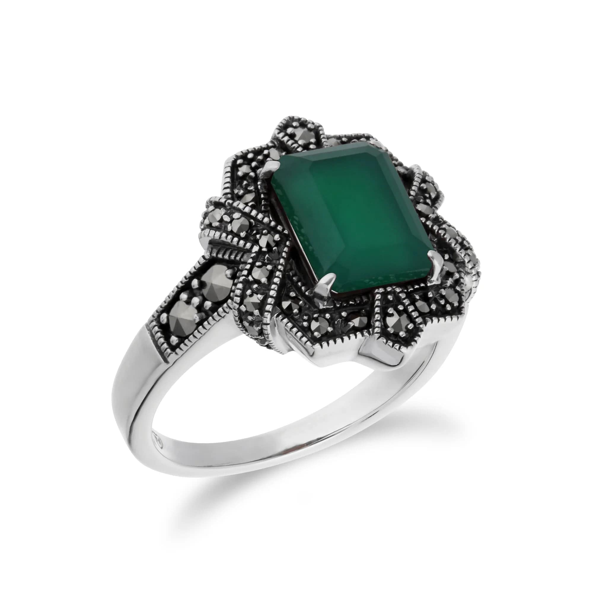 Baguette-Ring im Art-Deco-Stil mit grünem Chalcedon und Markasit aus 925er Sterlingsilber