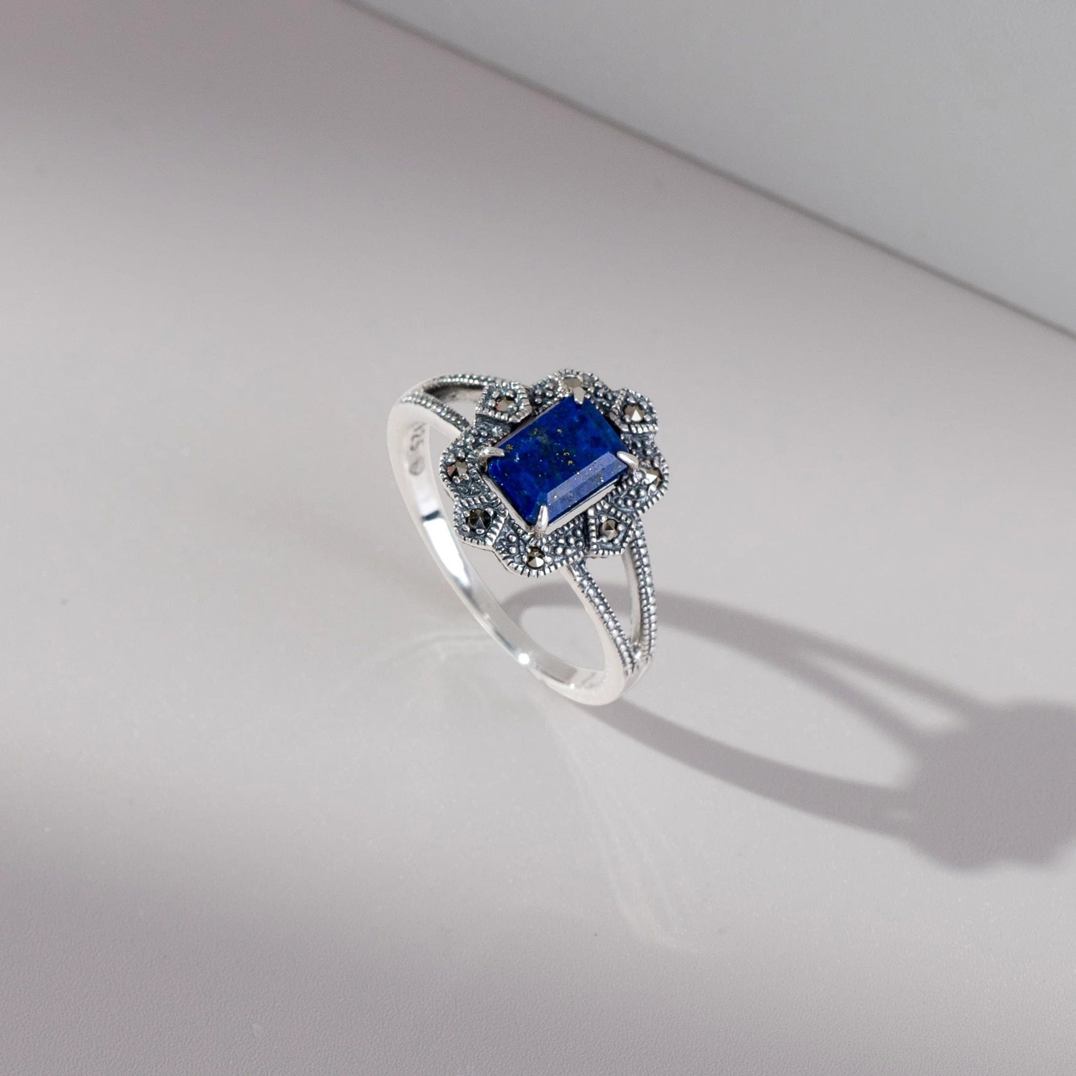 Baguette-Lapislazuli- und Markasit-Ring im Art-Deco-Stil aus 925er Sterlingsilber