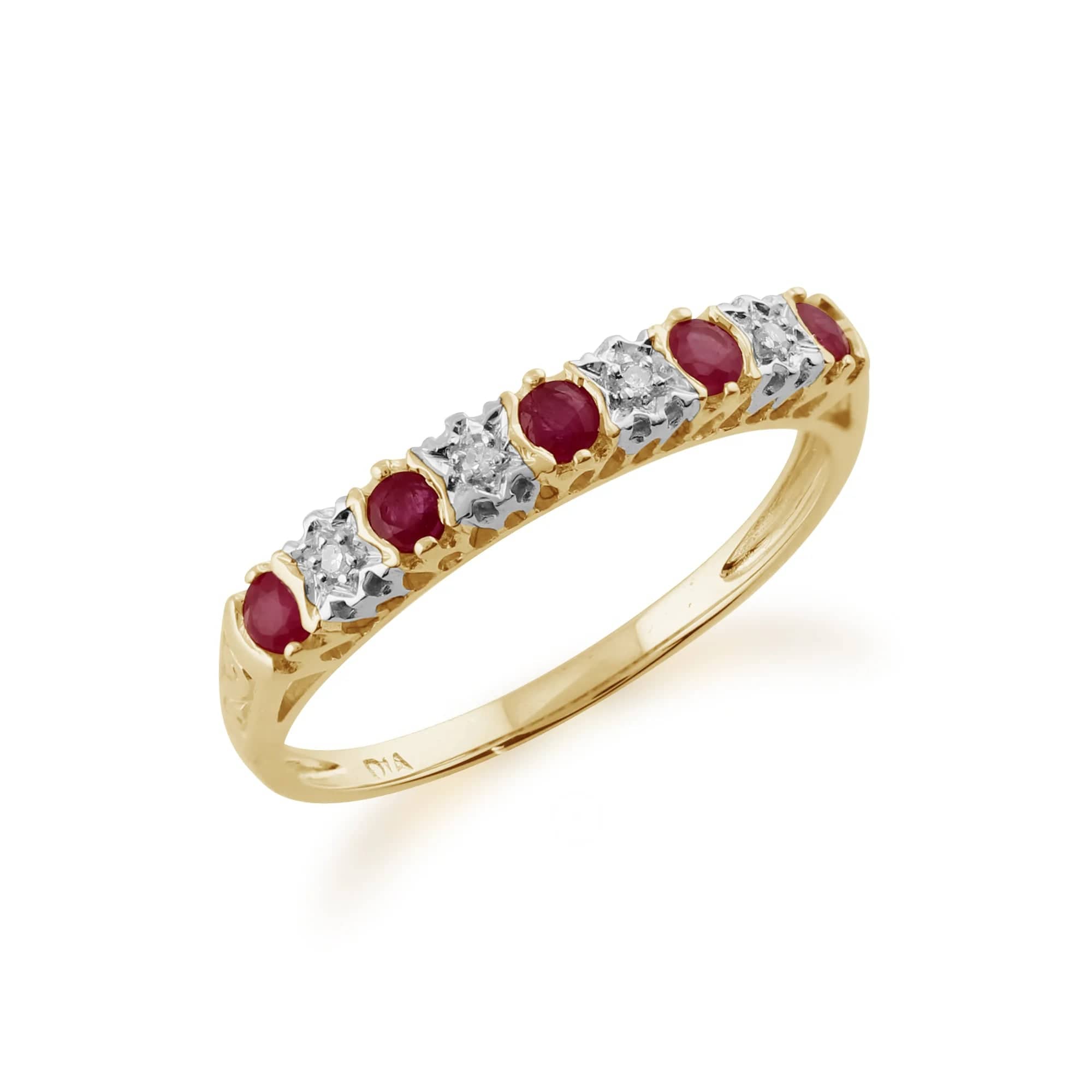 Klassischer Halb-Eternity-Ring aus 9 Karat Gelbgold mit Rubin und Diamant