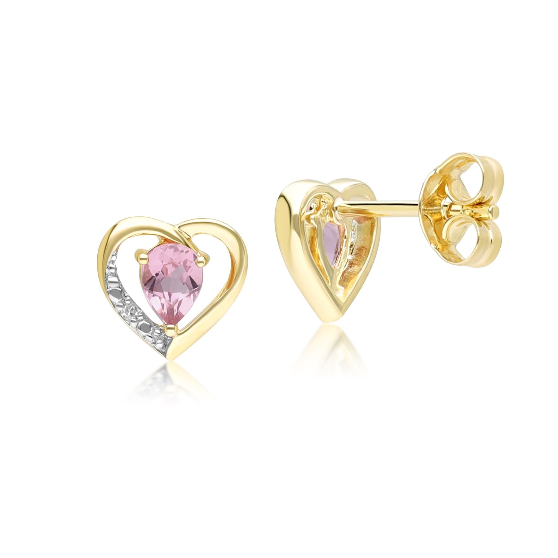 Klassische Ohrstecker im birnenförmigen rosa Turmalin- und Diamant-Herz-Design aus 9 Karat Gelbgold