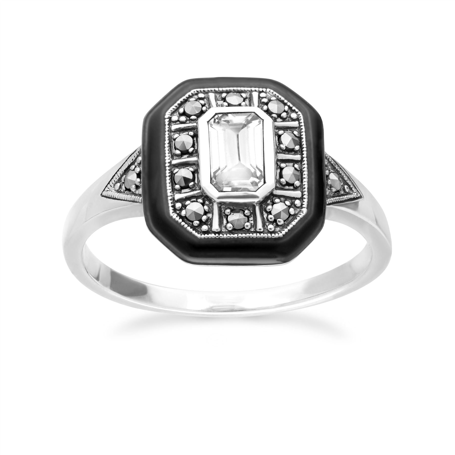 Art Deco Inspired White Topaz, Enamel & Marcasite Square Ring