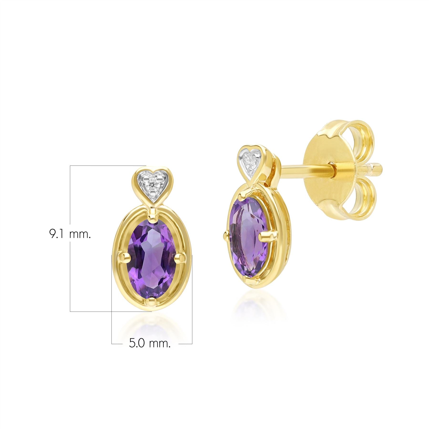 Klassische ovale Ohrstecker mit Amethyst und Diamanten im Herz-Design, Gelbgold 9 Karat