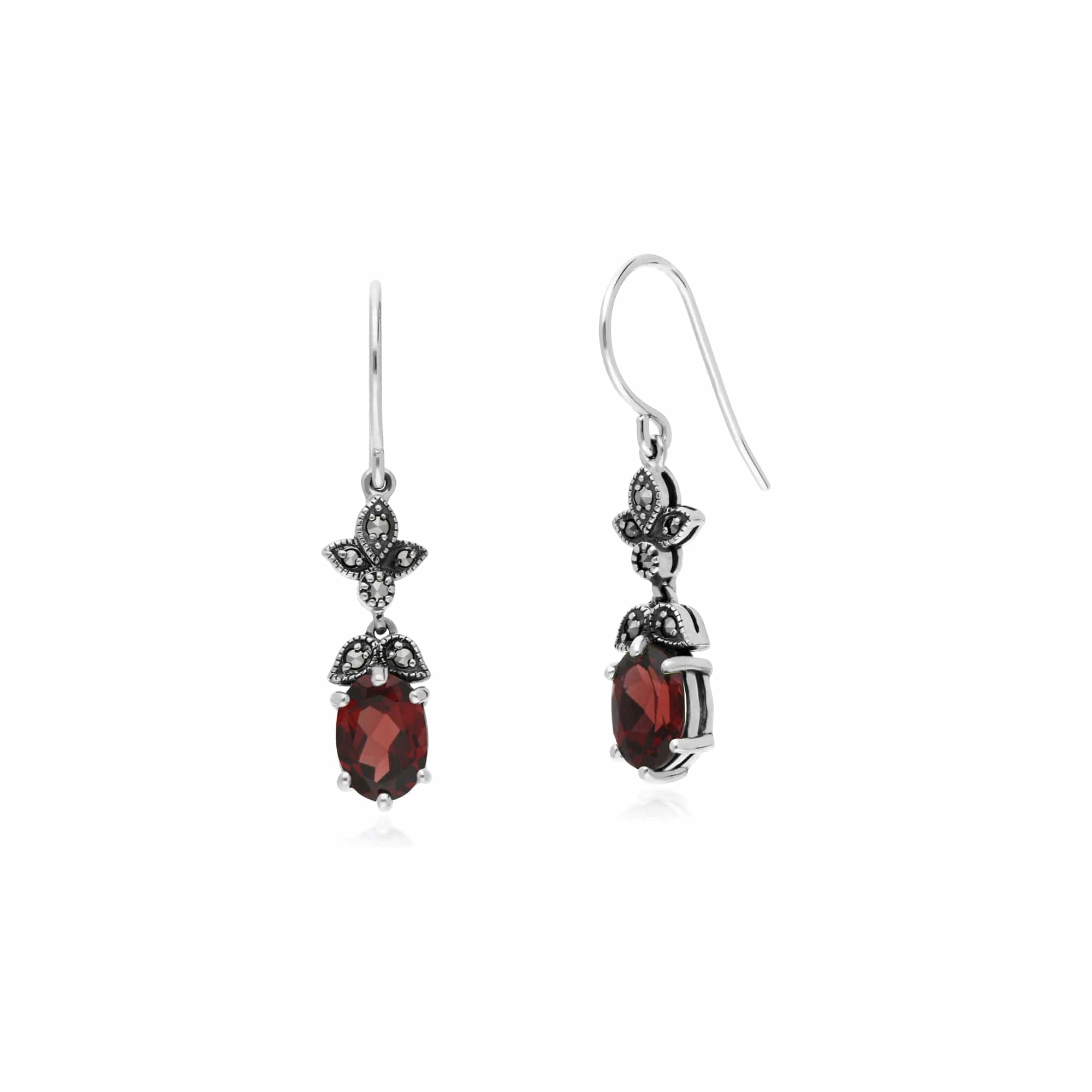 214E861101925 Art Nouveau Style Oval Garnet & Marcasite Drop Earrings in 925 Sterling Silver 3